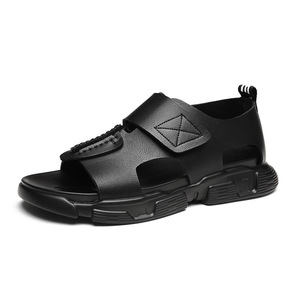 Roman Leather Sandals Men Summer Velcro Closure Black Outdoor <b>Slippers</b> Casual Beach Shoes Youth Style - Product Image 5