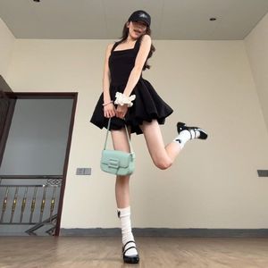 Black Spaghetti Strap Short Dress Tulip Skirt Natural Waist Pleated Casual Daily Wear Leisure Style - Product Image 1