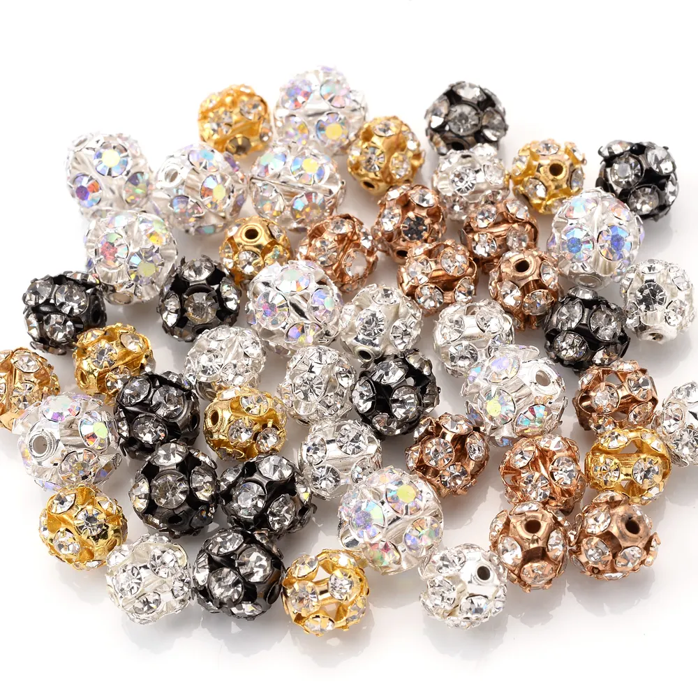 Wholesale 6/8/10mm 30pcs Colorful Rhinestone Loose Spacer Beads Round Metal Crystal Bead for Jewelry Making DIY Bracelet