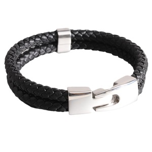 Pulsera unisex de cuero negro de doble capa con cierre de gancho de acero inoxidable para regalo - Product Image 5