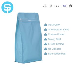 Bolsa de Fondo Plano con Cierre de Cremallera de 8 Lados, Bolsa de Café Azul Personalizada, Bolsa de Café de Plástico con Válvula, Entrega Rápida - Product Image 1