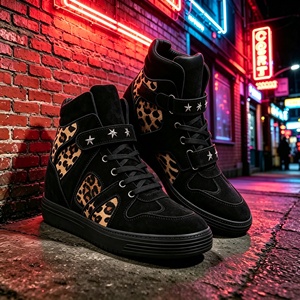 Retro Leopard Print Leather Star Rivets Built-in Heel Lift <b>Wedge</b> Heel <b>High</b>-<b>top</b> Boots Thick Sole Stylish Athletic Velcro Shoes - Product Image 1