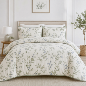 Parure de lit 3 pièces en coton botanique vert sauge, douce et respirante, motif floral, avec fermeture éclair - Product Image 5