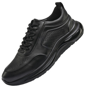 Chaussures décontractées pour hommes en cuir véritable, bout rond, respirantes, à lacets, semelle extérieure en caoutchouc, toutes saisons, noires - Product Image 4