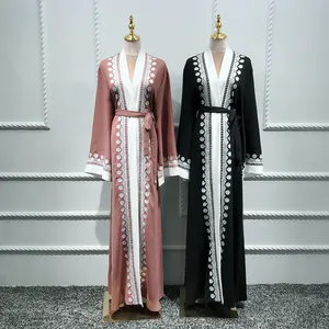 Promotional !!! Muslim Fashion Elegante Maxi-Strickjacke mit Spitzen kante Tureky Dubai Muslim Maxi Abaya für Frauen