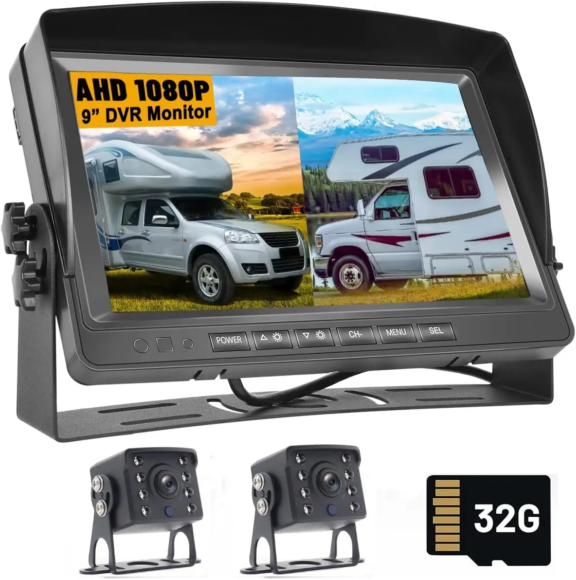 Werkseitige Lieferung Truck Bus Caravan RV 9 Zoll Full HD 2 Split Monitor Dual Lens eingebaute Loop-Aufnahme und CCD-Kameras Kit