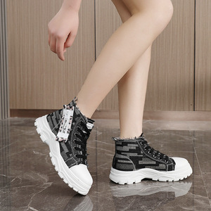 Botas Vaqueras Clásicas LYKU para Mujer, con Cordones, Suela Gruesa, Diseño de Caña Alta, Parte Superior de Lona, Patchwork, Impermeables, para Otoño - Product Image 3