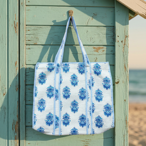 Serene Blue Block Print Quilted Cotton Tote-Handcrafted Sustainable All Seasons Shopping Handbag - Product Image 3