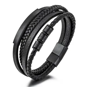 Bracelets faits à la main en acier inoxydable et cuir tressé noir multicouche pour hommes