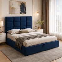 Lit plateforme King Size avec tête de lit capitonnée bleue et rangement à ouverture latérale pour l'hôtellerie, vente en gros, OEM, ODM, vente au détail