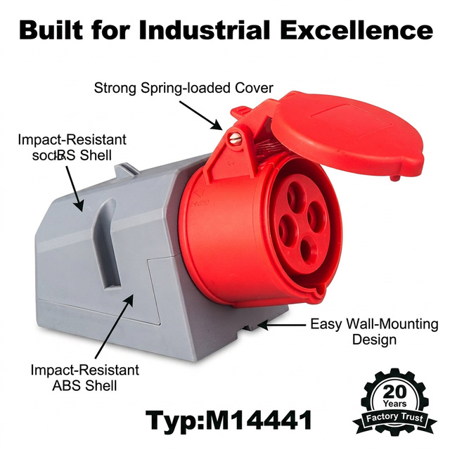 CEE Industrial Wall Surface Mounted Female Socket 16A 380V-415V 3P+E 4 Pin IP44 for Outdoor, Workshop, Garage, Industry Use