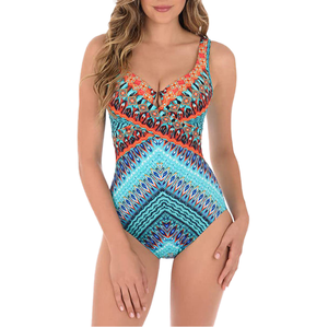 2022 New Arrival Eco-Friendly Retro Print 1-Piece Women's Tassel Bikini Beachwear High Cut Bottom Round Neck Front Logo Waist - Product Image 1