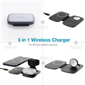 3 इन 1 फोल्डेबल वायरलेस चार्जर मैग्नेटिक फास्ट वायरलेस चार्जिंग पैड iPhone 15 14/Max/13 iWatch AirPods Pro के लिए संगत