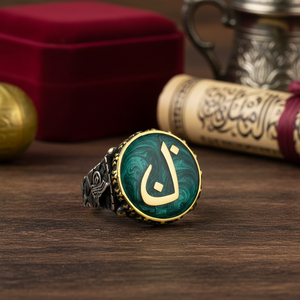 925K Sterling <b>Silver</b> Green Enamel Art Alif Ottoman Tugra <b>Men</b> <b>Ring</b> - Product Image 3