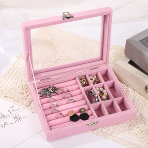 Pink Flock <b>Jewelry</b> Organizer Box with 9 Grid Ring Holder and <b>Mirror</b> Lid for Home <b>Storage</b>, Brand Mx29205456705cqic, Made in China - Product Image 3