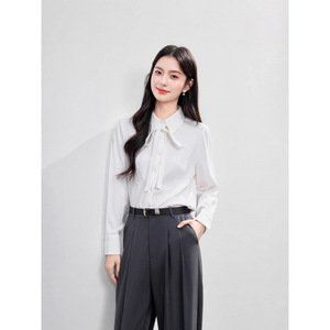 <b>White</b> Long Sleeve Blouse With Ribbon Tie Office Shirt Solid Color Polyester Women's Top - Product Image 1