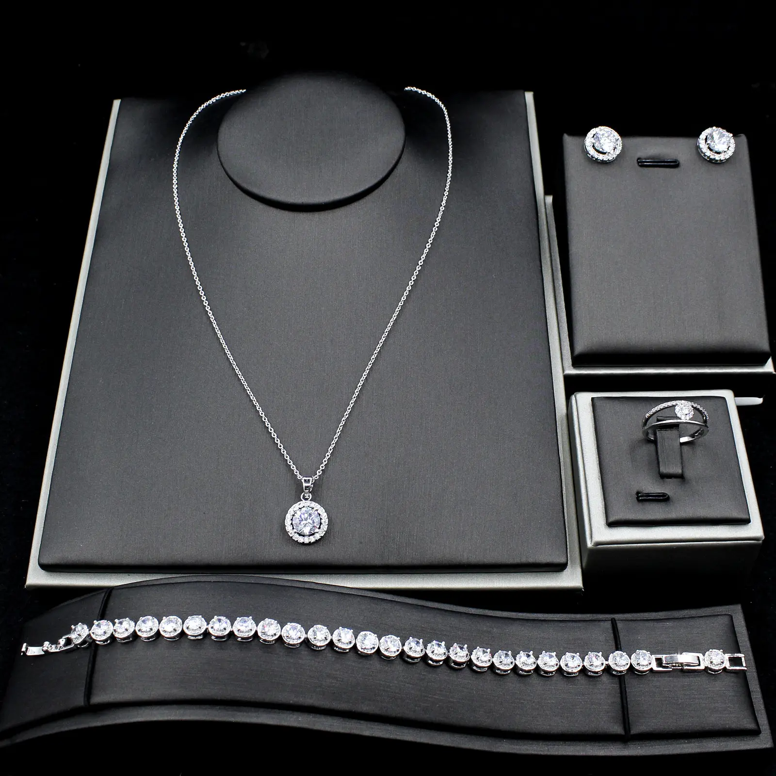MAIGU fine wedding jewelry display set luxury zircon CZ 4 pcs set Earrings Necklace bracelet ring set for women woman