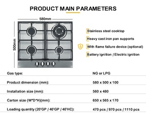 Estufa de Cocina Empotrada de 4 Quemadores con Dispositivo de Seguridad, Acero Inoxidable, a Gas, con Quemador Wok - Product Image 3