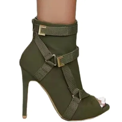 New fashion green ankle boots for women peep toe gold metal lace up open pointed toe stiletto heels sandals girl boots