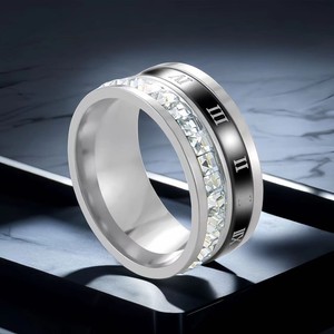 Roman Numeral Diamond <b>Ring</b> <b>Titanium</b> Steel Unisex Engagement <b>Ring</b> White Color Baguette Cut Geometric Design - Product Image 2