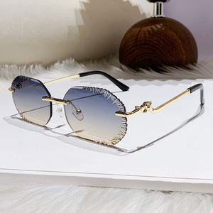 <b>Frameless</b> Beveled Sunglasses Green Lens Metal <b>Frame</b> UV400 Protection Unisex Outdoor Wear - Product Image 3