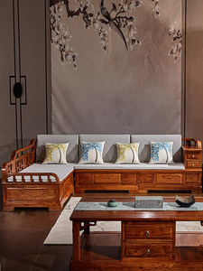 Muebles de Salón de Estilo Chino Nuevo, Combinación de Madera Maciza y Tela, Madera de Sándalo Rojo, Modelo BJH-9967-1 - Product Image 3