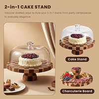 Support à gâteau en bois avec couvercle en acrylique incassable, plateau rond à carreaux de 12 pouces, ensemble 2-en-1 pour présentation de gâteaux et plateau à charcuterie