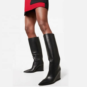 Bottes hautes pour femmes à jambes larges, taille 46, bout pointu sexy, chaussures à talons compensés, bottines en cuir de vache - Product Image 2