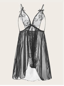 Ropa interior transparente para mujer, vestido <span class=keywords><strong>de</strong></span> Babydoll transparente, lencería <span class=keywords><strong>de</strong></span> encaje <span class=keywords><strong>de</strong></span> malla transparente, pecho grande abierto - Product Image 4