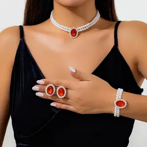 Baru 3 buah elegan kristal mutiara rantai kalung gelang wanita Gotik berlian imitasi anting perhiasan Set perhiasan pengantin