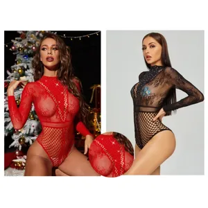 Weihnachten Strass aushöhlen Langarm transparente Netz Netz Body stoking Strumpfhose voller Body sexy Dessous Frauen