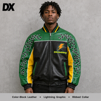 Blouson Bomber Personnalisé en Cuir PU Vert, Noir et Jaune, 420 g/m², Col Côtelé, Imprimé Flèche de Course pour Marques et Fabricants OEM