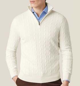 Custom Casual High Quality Beige 100% Cashmere Wool Cotton <b>Cable</b> <b>Knit</b> Zipper Men's Cashmere <b>Sweater</b> - Product Image 1