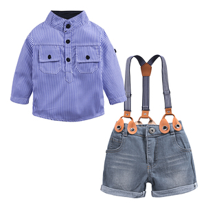 Vêtements pour enfants Ensemble de vêtements pour garçons Chemise bleue + salopette en jean 2 pièces/ensemble Ensembles de vêtements d'été pour tout-petits garçons - Product Image 1