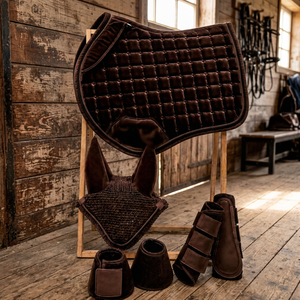 Ensemble de tapis de selle en velours marron de luxe, voile anti-mouches respirant, protège-tibias en toile/protège-tibias en maille |   Ensemble d'équipement équestre anglais robuste - Product Image 2