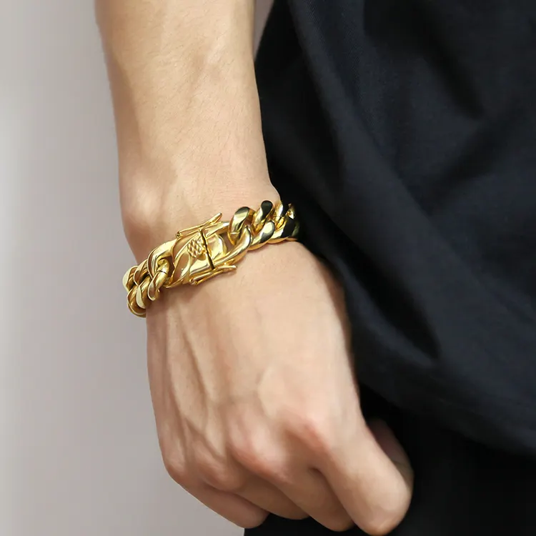 Hip Hop Cuban Link Bracelet Mens Thick Stainless Steel Cuban Curb Link Chain 18k Gold Plated Cuban Bracelet