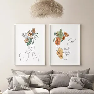 Modern Poster Abstract Girl Figure Line Art Painting Nordic Wall Art Color Leaves Picture Home Deco Canvas Paintings