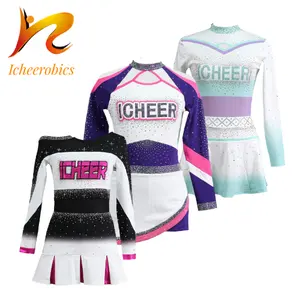 Icheerobics Gratis Design Cheerleading Dansjurk Cheer Toonaangevende Uniform Tiener Cheerleader Kostuums Met Strass