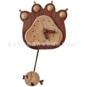 Fish And Bear's Paw Cartoon Wall <b>Clock</b> Solid Wood Irregular Shape <b>Battery</b> Powered Living Room Decor - Product Image 1