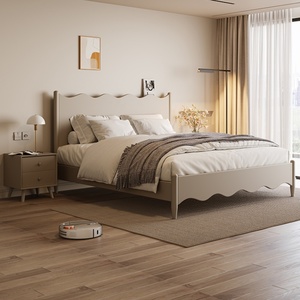 Letto a piattaforma in legno massello di quercia, facile da montare, con graziosa testiera a onda, disponibile nelle misure Queen e King, non richiede rete a molle, per camera da letto, stile minimalista. - Product Image 1