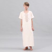 Thobe brodé pour garçons musulmans, manches courtes, Jubba pour enfants, robe islamique arabe beige, Dishdasha, vêtements pour Ramadan et l'Aïd