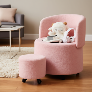 Poggiapiedi Contenitore Rotondo in Velluto Rosa Teddy con Ruote, Sgabello da Toeletta Stile Teddy, Arredamento per la Casa - Product Image 2