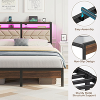 Lit double moderne en métal de taille standard, personnalisable, durable, avec plateforme, inclinable, lumières LED, rangement, tête de lit, station de charge, chambre à coucher