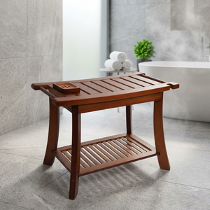 Banco de Baño de Madera Maciza con Estante de Almacenamiento, Diseño Tradicional, Asiento de Ducha de Madera de 2 Niveles con Portavasos - Product Image 4