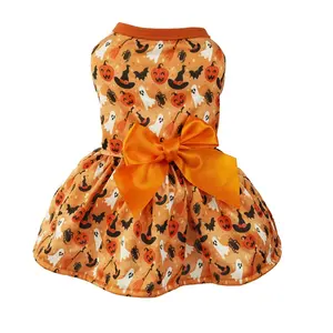 2023 Novo Design Pet Halloween Abóbora Bat Imprimir Com Arco Decoração Bonito Cão Gato Halloween Party Princess Dress