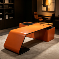 Bureau de direction moderne en forme de L, couleur orange, avec table incurvée pour cadre administratif, mobilier de bureau avec grand rangement