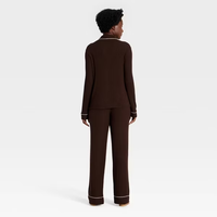 Ensemble pyjama femme en maille gaufrée, haut à col cranté et manches longues, pantalon de jogging à cordon de serrage, passepoil contrastant, vêtements de nuit et de détente pour femme