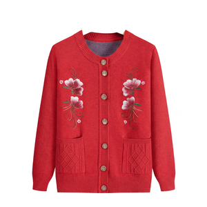 Cardigan en tricot épais respirant pour femme, à manches longues, col rond, style vintage, avec broderie florale violette - Product Image 4