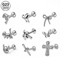 Piercing Labret en Titane ASTM F136 à Filetage Interne, Dos Plat, Motifs Dauphin, Papillon, Croix, pour Cartilage, Bijou d'Oreille