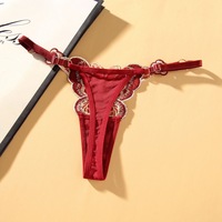 String sexy pour femme avec broderie de papillon, culotte transparente en maille, taille ajustable, dentelle décorative, nylon